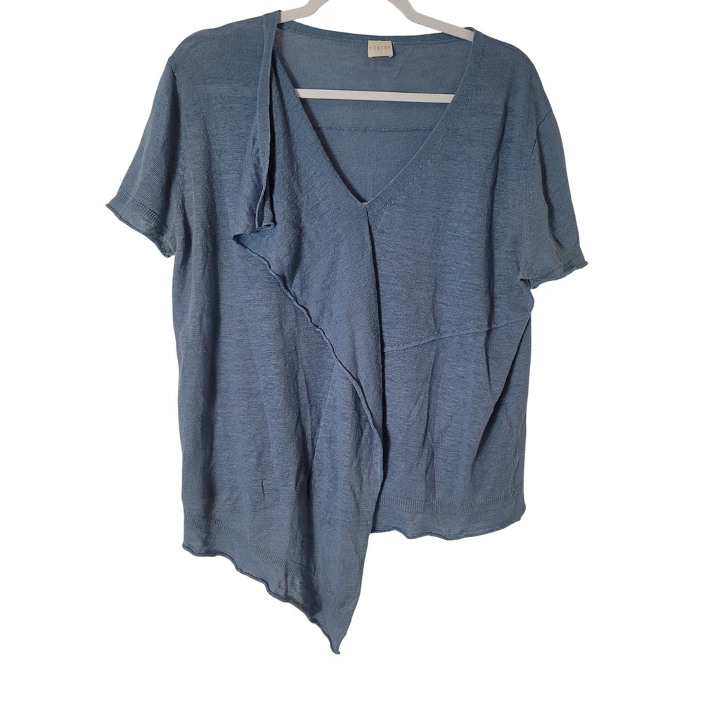 Poetry Blue 100% Linen Knit Asymmetric V-Neck Short Sleeve Top Womens Medium